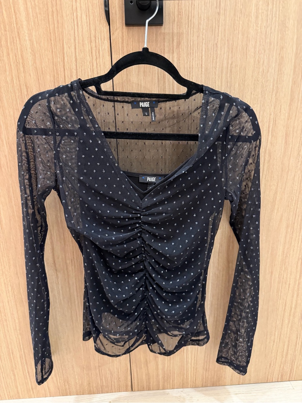 PAIGE Black Sheer Ruched Dot Mesh Long-Sleeve Top